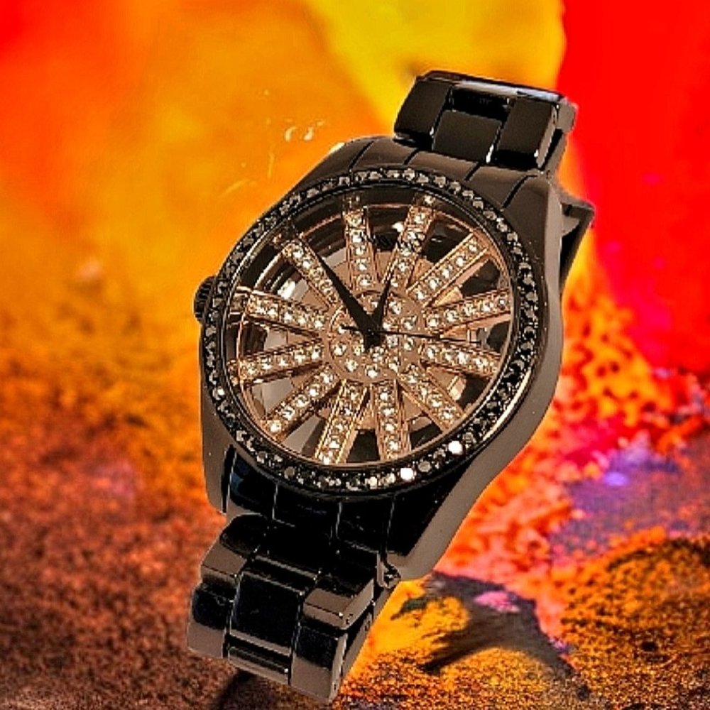 Women Rose Gold and Black watch Iced 12 Bars watch by Geneva Platinum